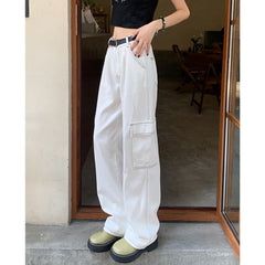 Back to school White Women Jeans Overalls High Waist American Fashion Vintage Wide Leg Jean Female Denim Trouser Straight Baggy Denim Pants