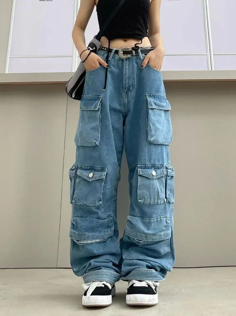 Multi-Pocket Blue Washed Cargo Pants Y2k Retro High Street Fashion High Waist Jeans Couple Harajuku Simple Casual Wide Leg Pants