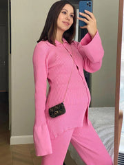 OL Homewear Leisure Knitted Suit Women Autumn Long Sleeve Shirts And Wide Legs Pants Suit Casual Two Piece Sets Outfits