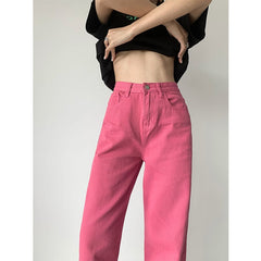 Back to school Women Bottoms Pink Jeans Vintage Straight High Waist Self Cultivation Casual Baggy Wide Leg Pants Denim Trouser Ladies Summer