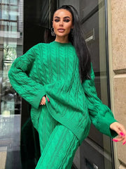 Autumn Knit Outfits Women Two Piece Sets Rib Loose Pullover And Wide Legs Pants Streetwear Sweater Suit Matching Sets