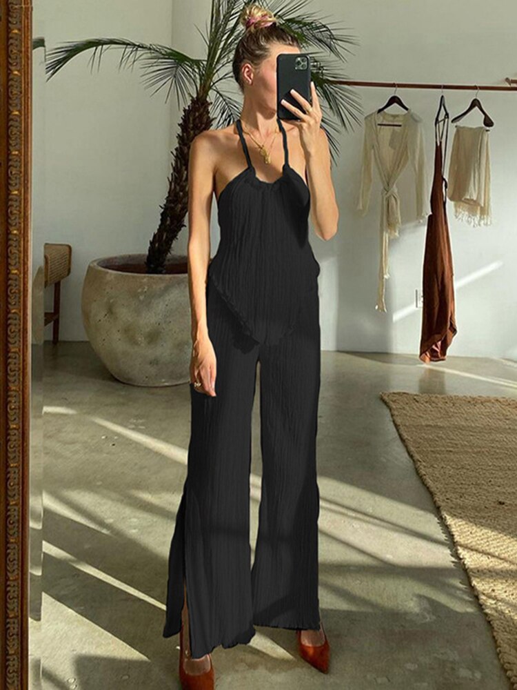 Backless Halter Tops Sets Woman Fashion 2 Pieces Summer Solid Pleated Trouser Suits Elegant High Waist Loose Slit Pants Set