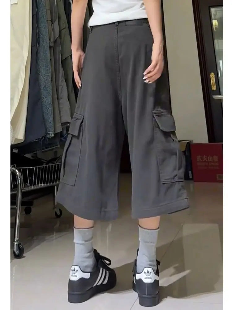 Oversize American High Street Retro Pocket Cargo Shorts 2024 Summer New Wide Leg Pants Y2k Loose Straight Calf- Length