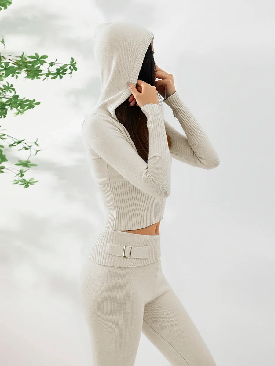 Women Cozy Ribbed Knit Lounge Set Long Sleeve Zip Up Hoodie with High Waist Wide Leg Pant 2 Piece Loungewear Ensemble Casual Set