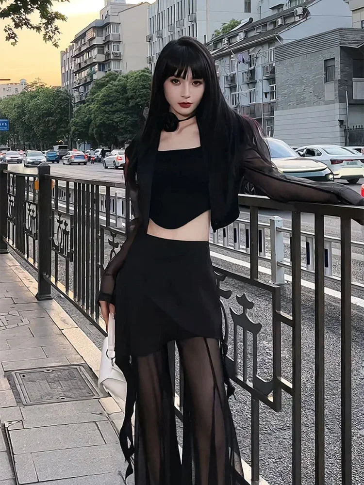 Korean Simple High Waist Hollow Out Black Pants+ Y2k E-Girl Slim Fit Mesh Long Sleeve Tops Women  Grunge Two Piece Sets