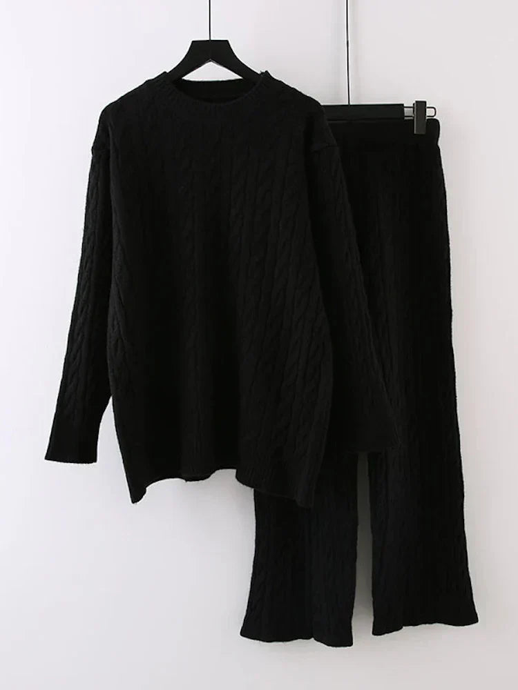 Autumn Knit Outfits Women Two Piece Sets Rib Loose Pullover And Wide Legs Pants Streetwear Sweater Suit Matching Sets