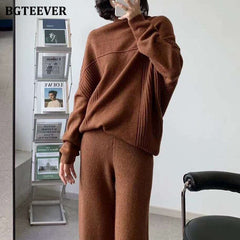 Autumn Winter Knitted Trousers Set Women Turtleneck Pullovers & Wide Wide Pants Thick Warm Female Sweater Set