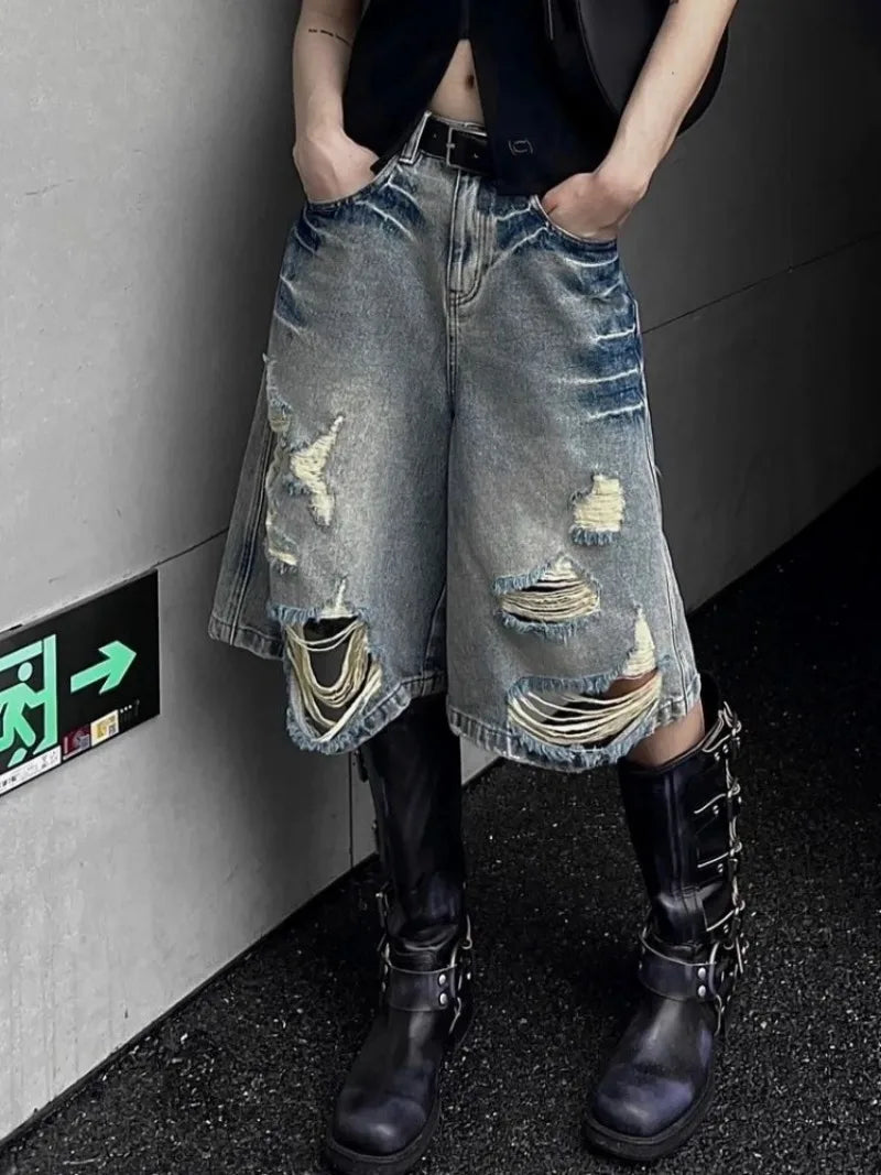 American Street Washed Blue Denim Shorts Y2k E-Girl High Waist Loose Wide Leg Jeans 2024 New Hole Straight Knee-Length Pants