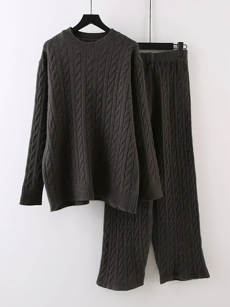 Autumn Knit Outfits Women Two Piece Sets Rib Loose Pullover And Wide Legs Pants Streetwear Sweater Suit Matching Sets