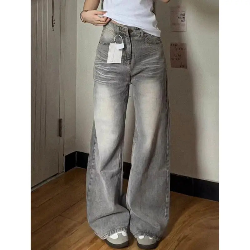 American Retro Washed Distressed Jeans for Women Fashion High Street Straight Loose Wide Leg Pants Harajuku Hip-hop Trousers