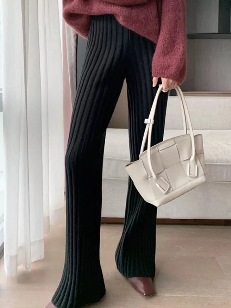 Vintage Boot Cut Knit Pants Women Solid Casual High Waist Straight Sweatpants Korean Fashion Winter Slim Long Pants New