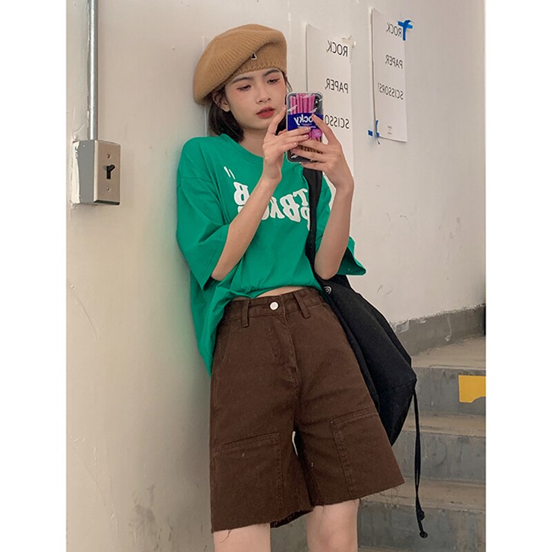 Back to school Brown High Waist Women Shorts Jeans Wide Leg Baggy Denim Shorts Summer Streetwear Five Points Trousers Straight Jean Short Pants