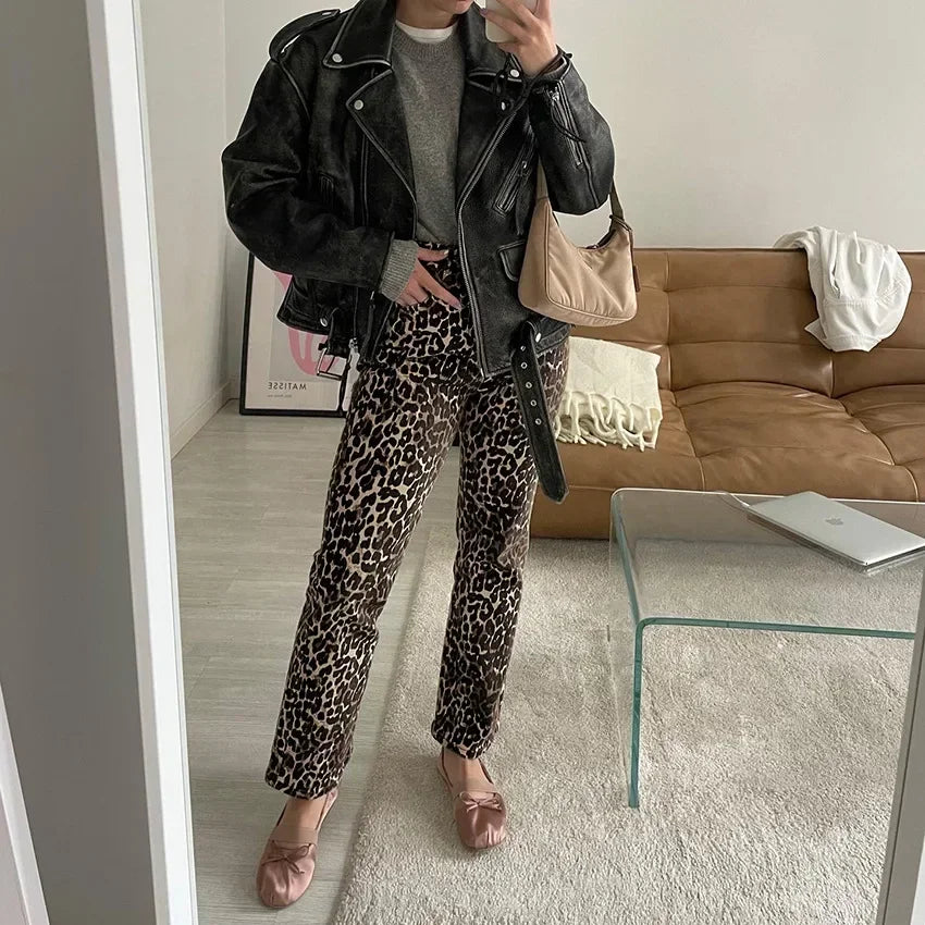 Vintage Leopard Print Pencil Pants For Women Fashion Casual High Waist Buttons Pant Autumn New Lady High Street Commute Trousers