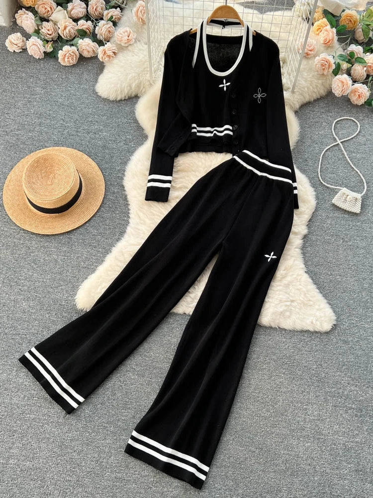 Streetwear Knitted 3 Piece Set Women Long Sleeve Cardigan Coat + Camisole + Pant Sets Spring Fashion Casual Three Piece Suits