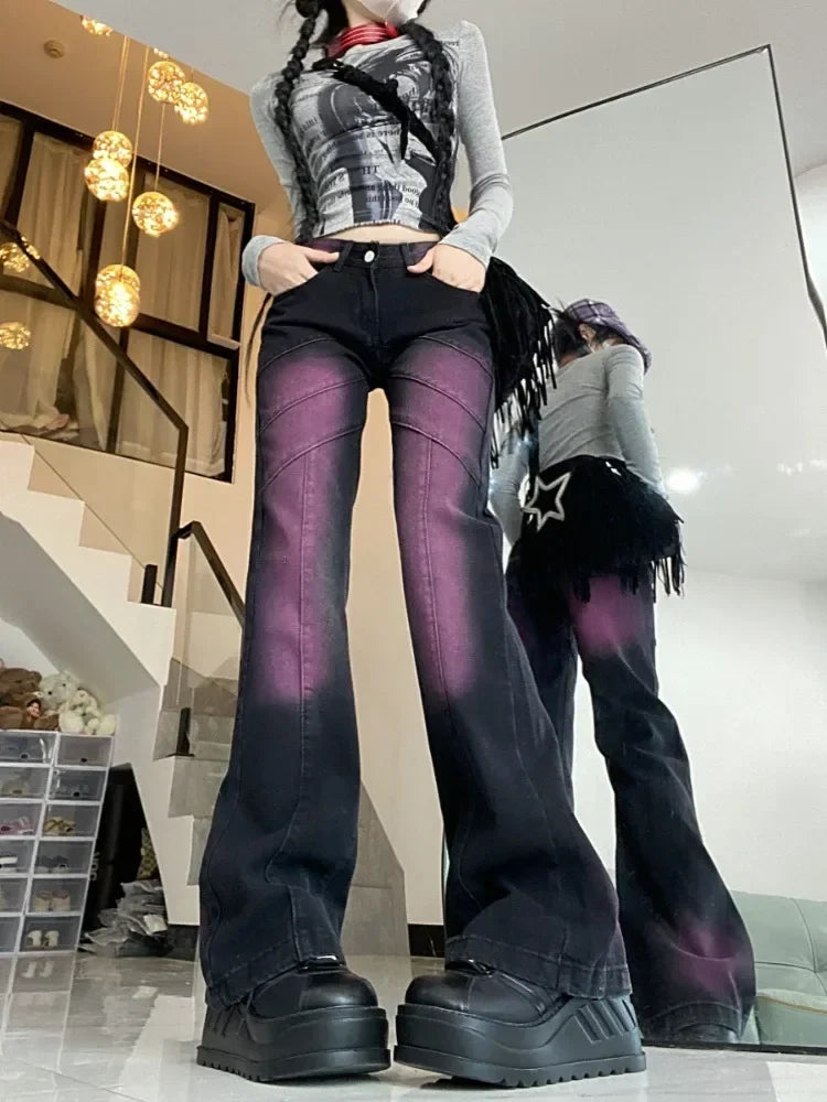 Oversize Purple Denim Flare Pants Women 2024 Autumn New High Waist Trousers American Vintage Washed Street Wide Leg