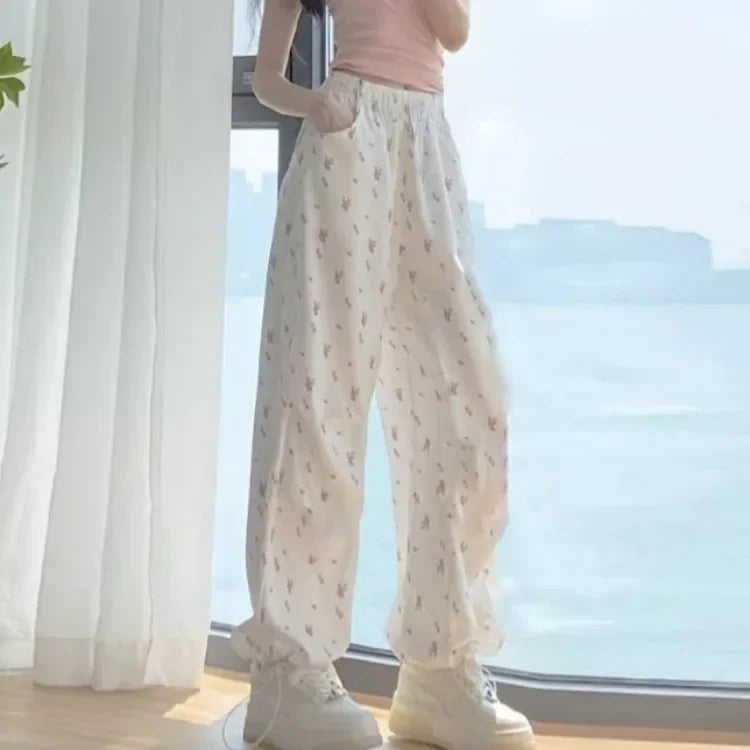 American Casual White Flower Print Cargo Pants 2024 Autumn New High Waist  Y2k E-Girl Straight Wide Leg  Women