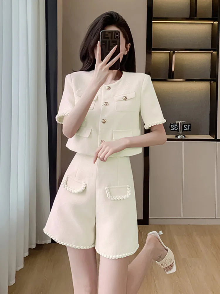 High Quality French Fashion Small Fragrant Two Piece Set For Women Summer Jacket Coat + Short Set Korean Sweet 2 Piece Pant Sets