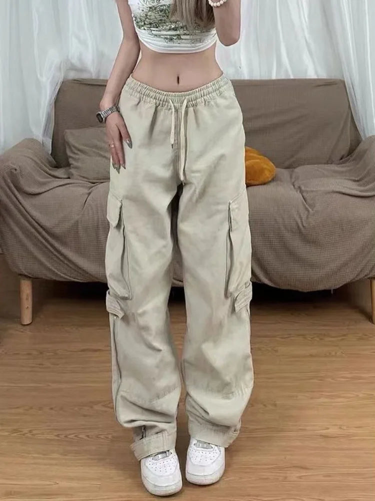 Y2k Big Pocket Cargo Pants Women Streetwear Straight Wide Leg Trousers Vintage Design Side Zipper Drawtring Baggy Pants