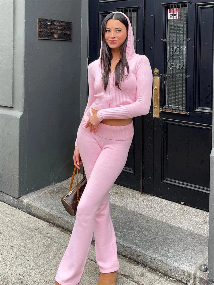 Women Spring Outfits Casual Zipper Sweater Hoodie Set High Waist Flare Pants Suits Pink Knitted Womens Y2k Two Piece Set