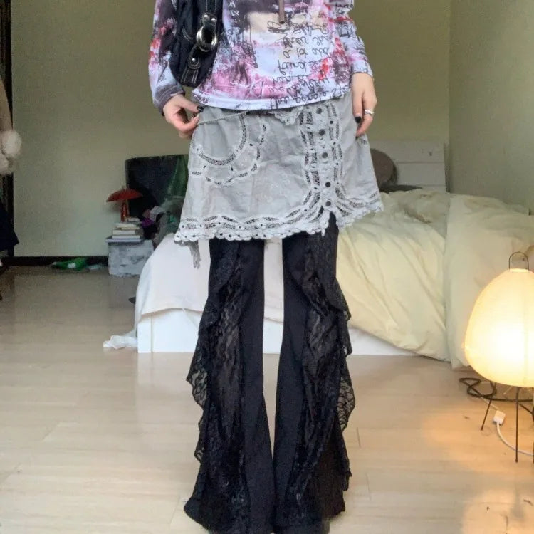 Sweet Cool Lace Patchwork Flare Pants 2024 Summer New Loose Wide Leg  Y2k E-Girl Jeans Slim Fit Bell Bottom