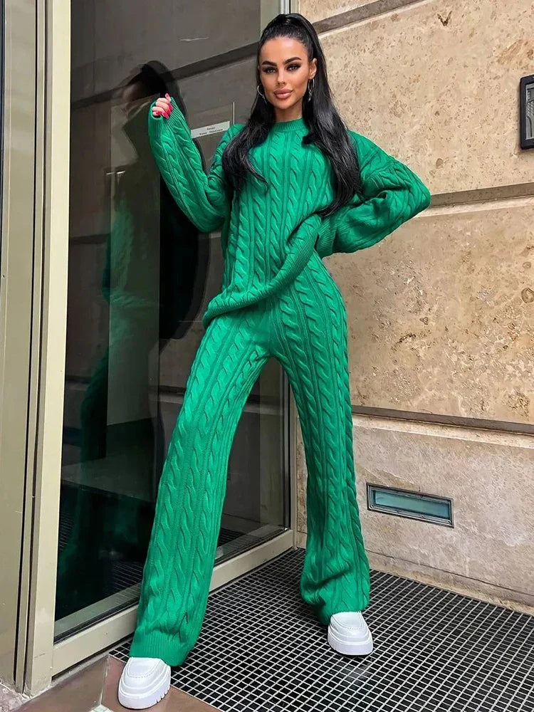 Autumn Knit Outfits Women Two Piece Sets Rib Loose Pullover And Wide Legs Pants Streetwear Sweater Suit Matching Sets