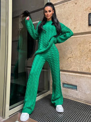 Autumn Knit Outfits Women Two Piece Sets Rib Loose Pullover And Wide Legs Pants Streetwear Sweater Suit Matching Sets