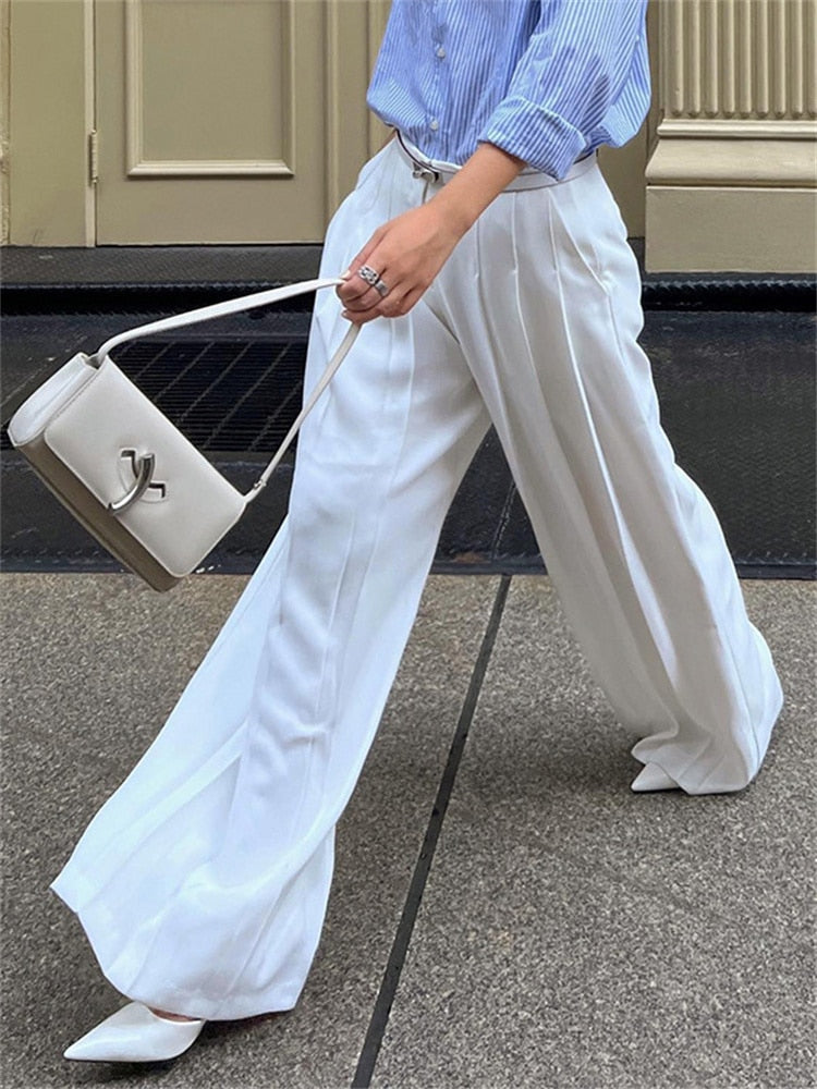 Pleated White Wide Leg Trousers High Waist For Women Patchwork Fashion Loose High Street Trousers Ladies Y2k Pants Autumn