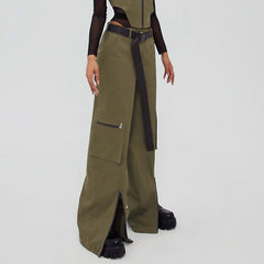 Retro Green Cargo Pants Women Buckle Sashes Split Zipper Fashion Pockets Stitch Vintage Streetwear Straight Trousers