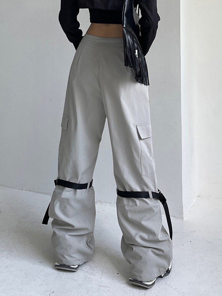 Fashion New Cargo Pants With Buckle Chic High Waist Light Grey Loose Sweatpants Harajuku Korean Joggers Techwear 2022