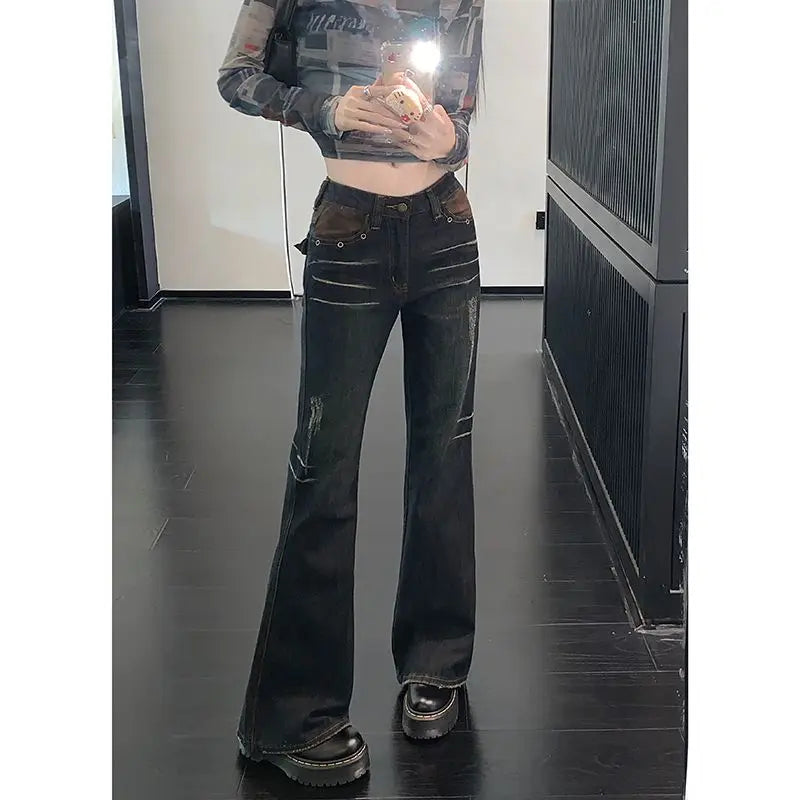 Distressed Wash High Rise Jeans American Retro Straight Flared Trousers Harajuku Style Hip-hop Y2k Hot Girl Wide-leg Pants