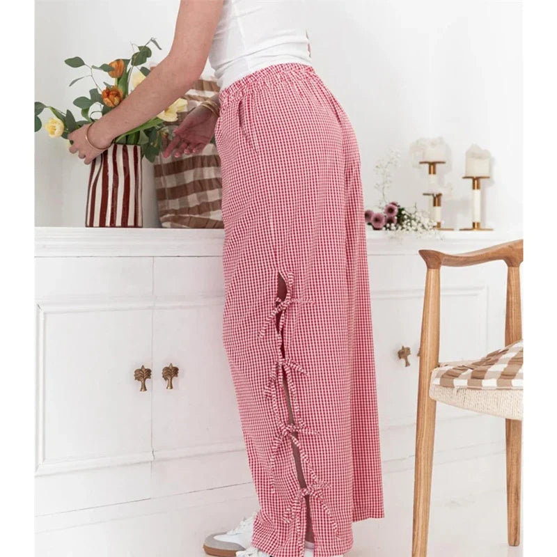 Kawaii Side Tie-Up Hollow-Out Loose Trousers Plaid Wide Leg Pants Casual Sweatpants Lounge Bottoms Y2K Vintage Pants Streetwear