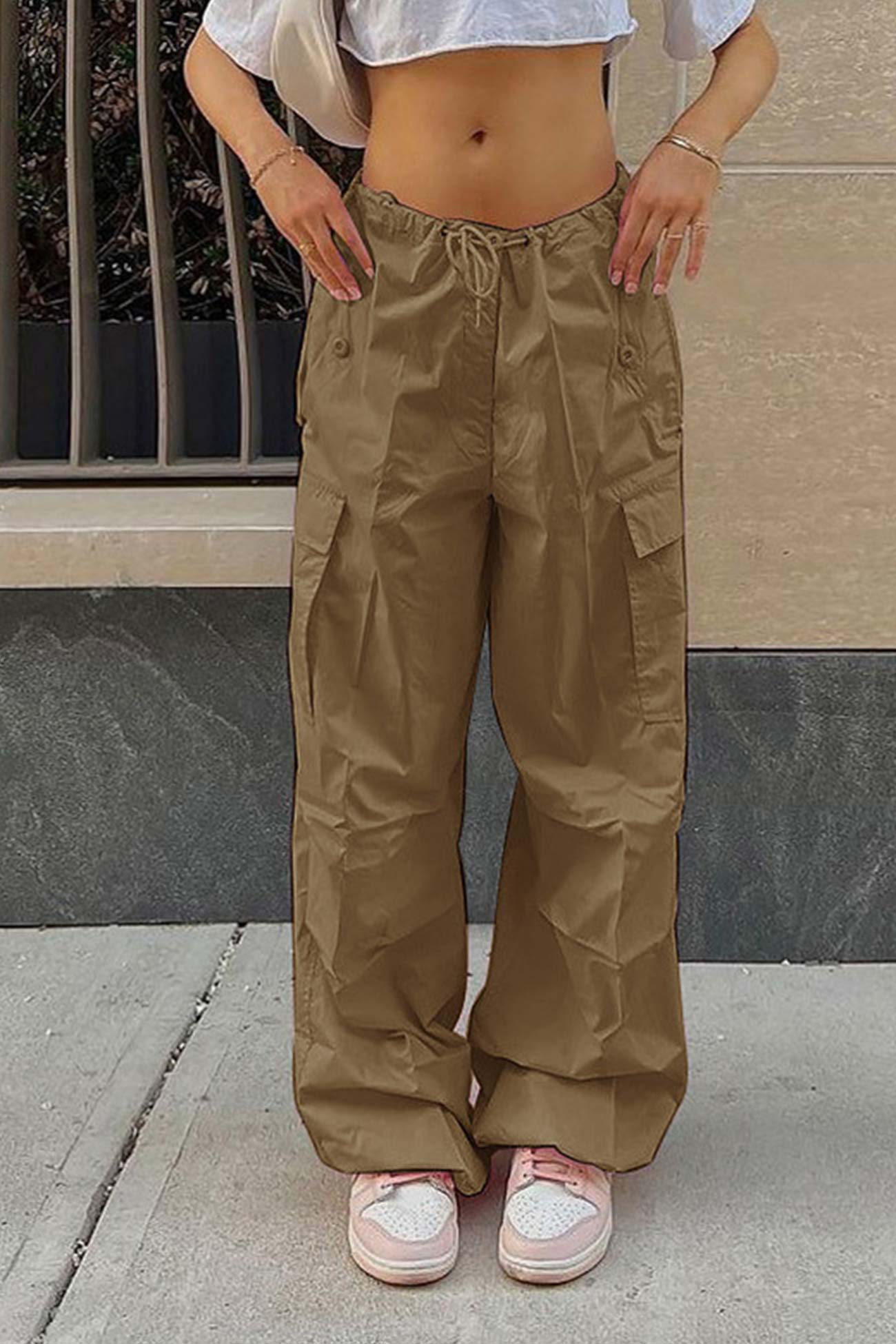 Solid Color High Waist Cargo Pants