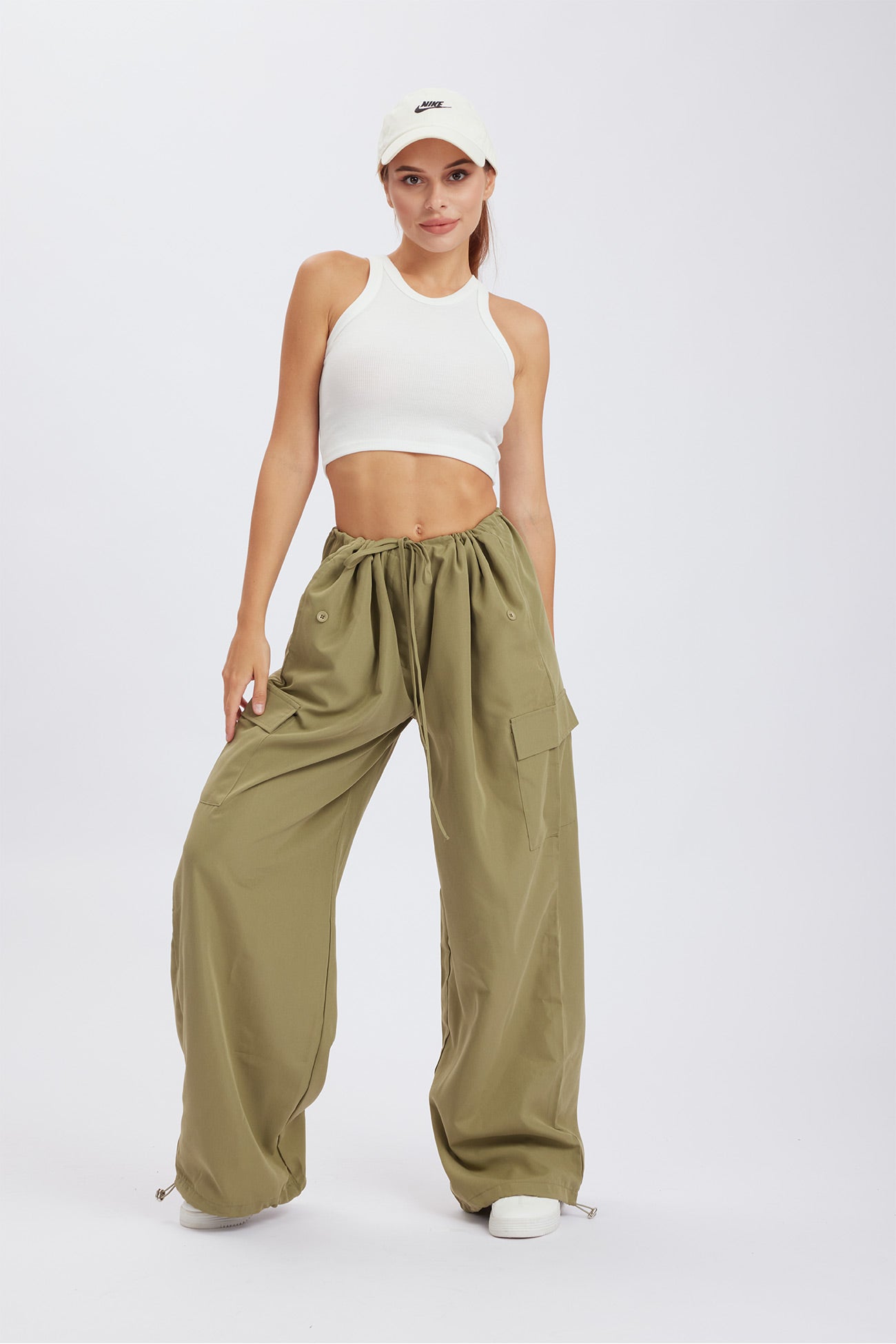 Solid Color High Waist Cargo Pants