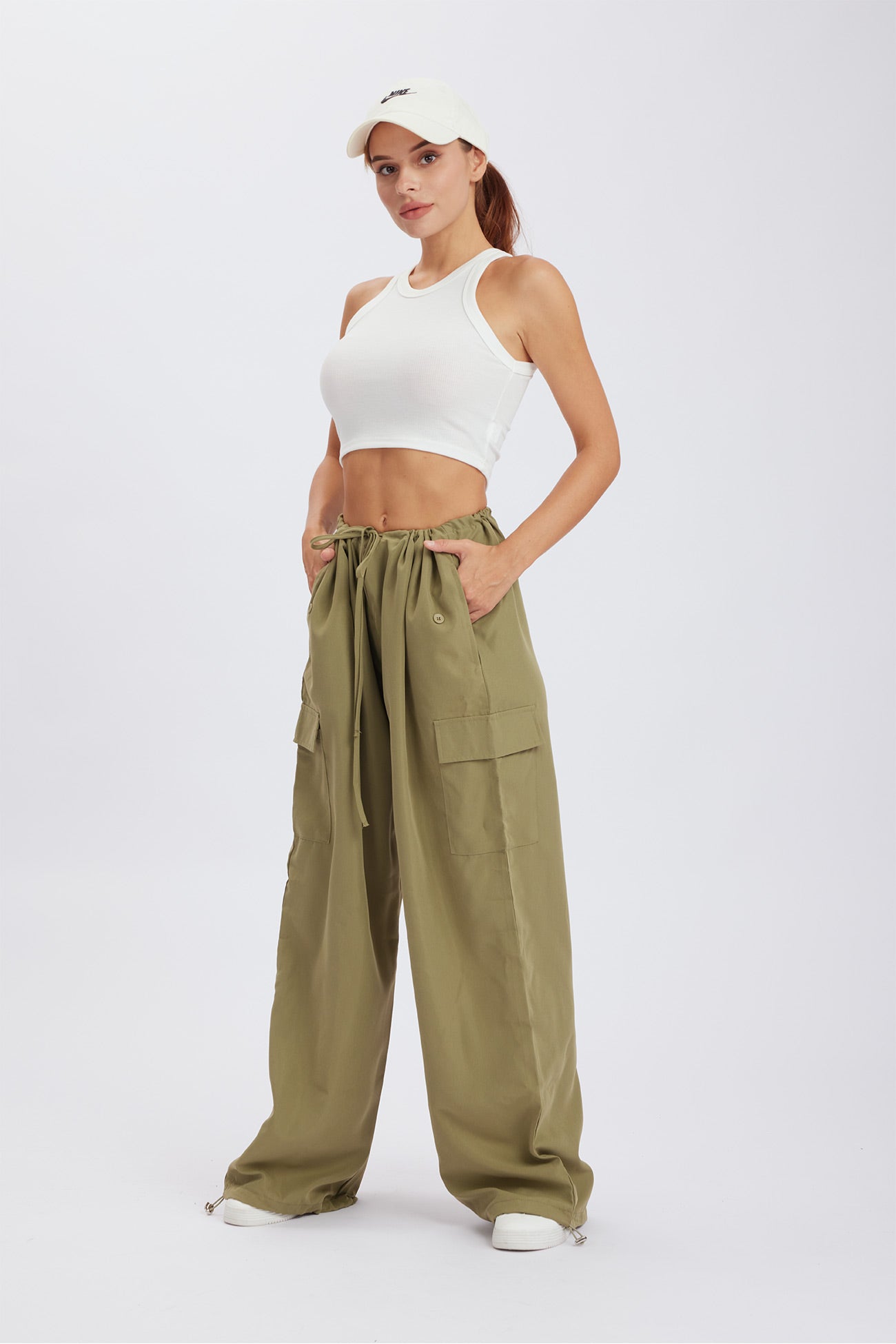 Solid Color High Waist Cargo Pants