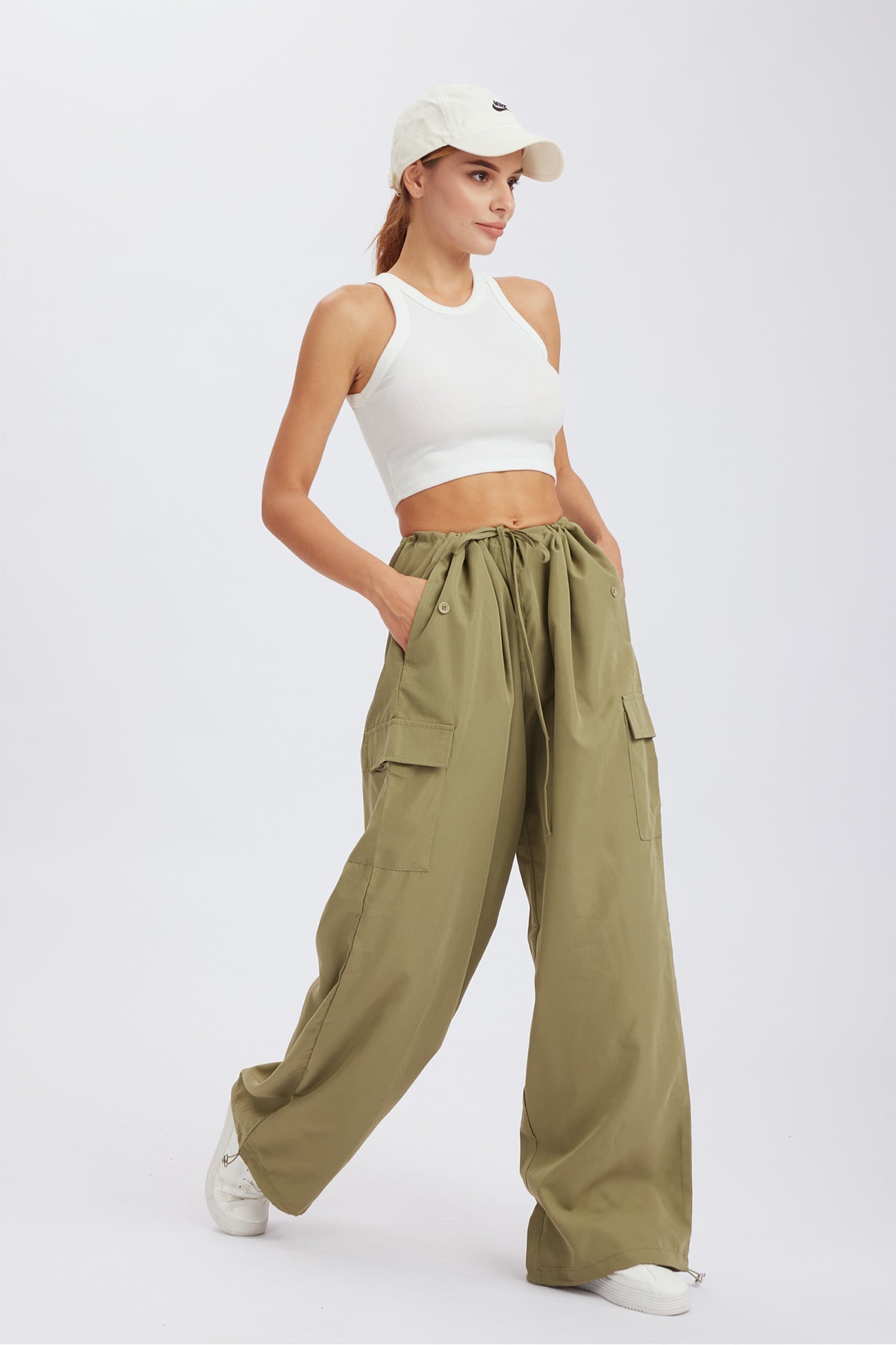 Solid Color High Waist Cargo Pants