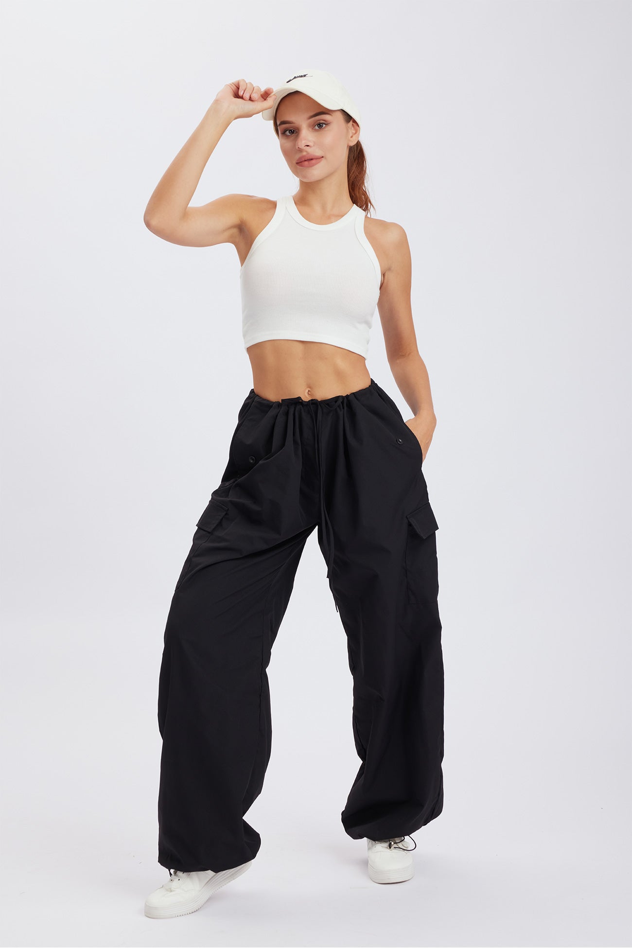 Solid Color High Waist Cargo Pants