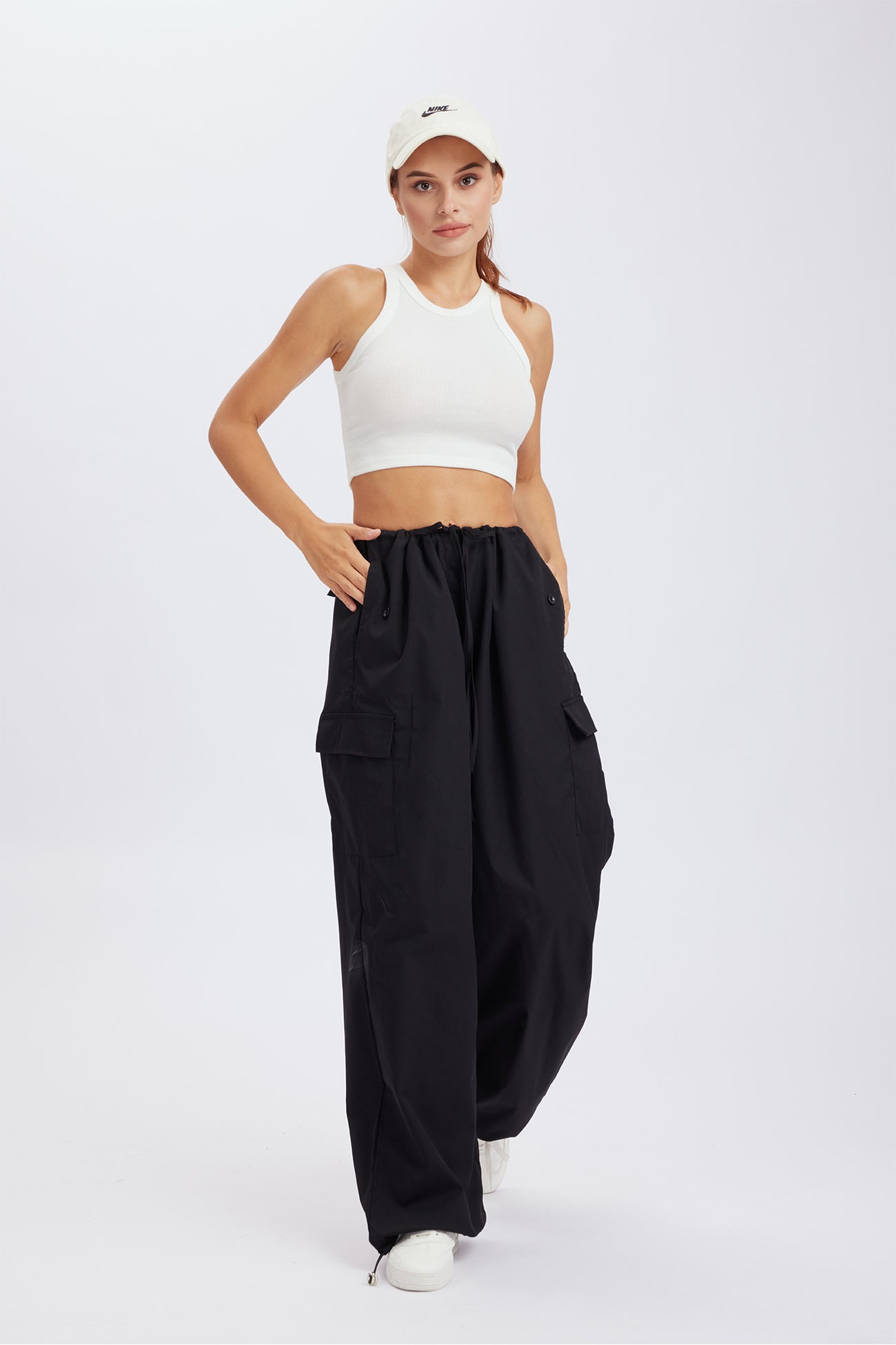 Solid Color High Waist Cargo Pants