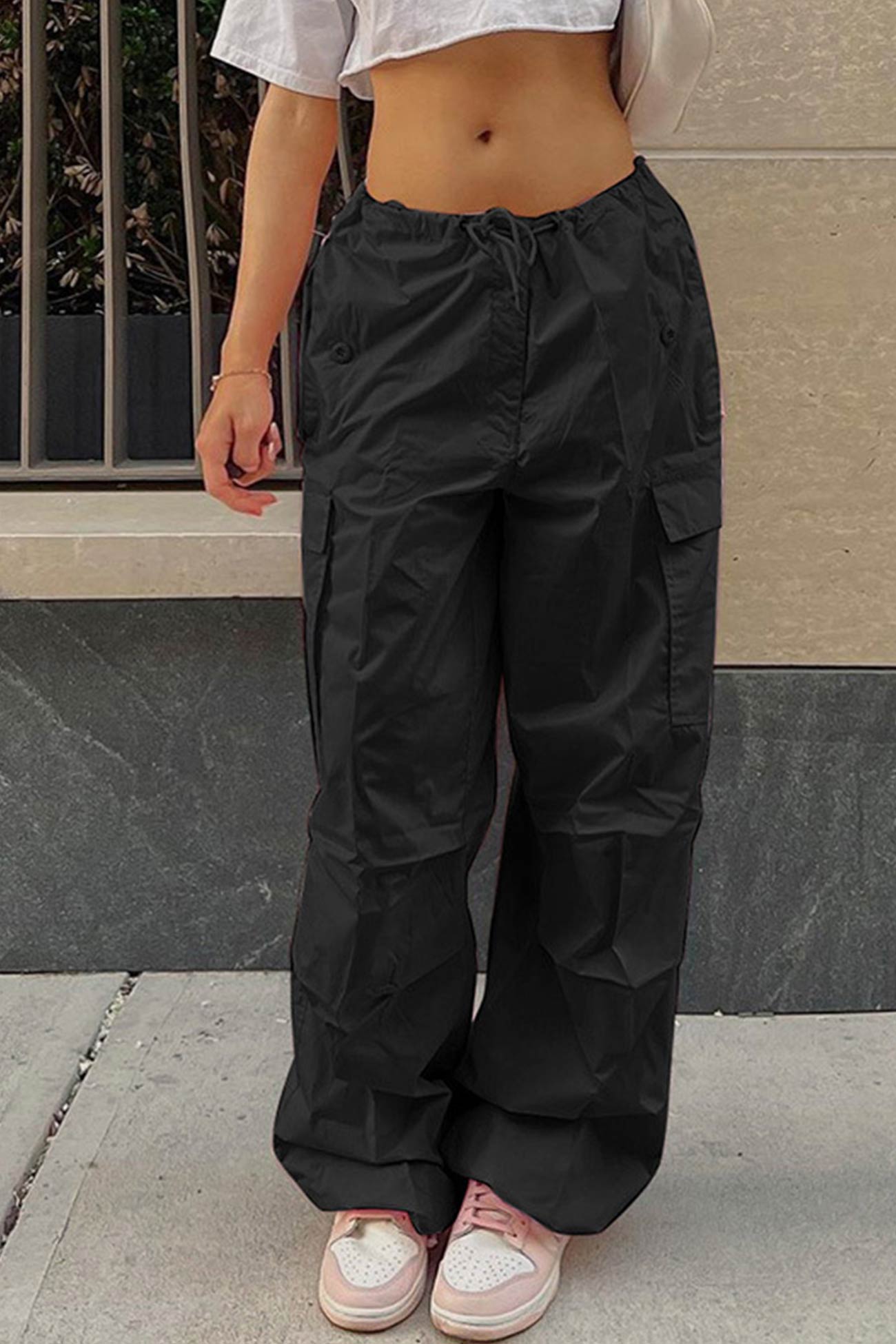 Solid Color High Waist Cargo Pants