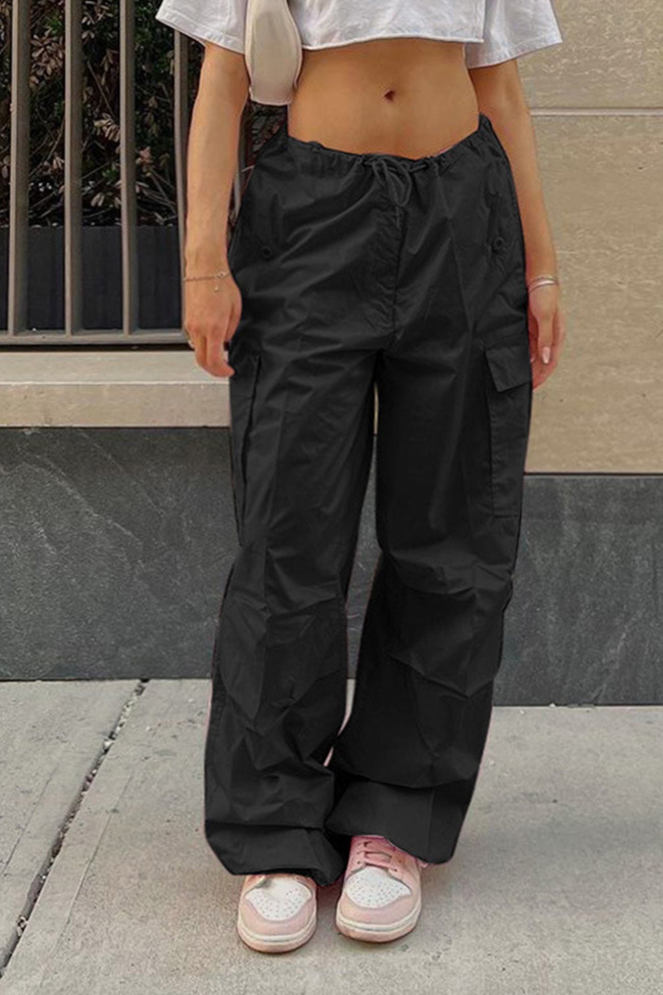 Solid Color High Waist Cargo Pants