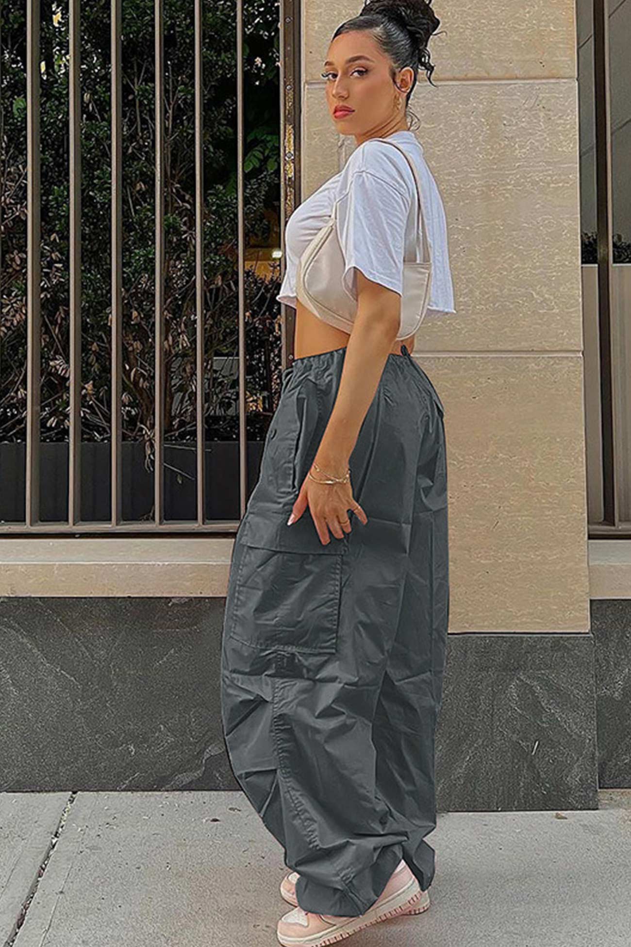 Solid Color High Waist Cargo Pants