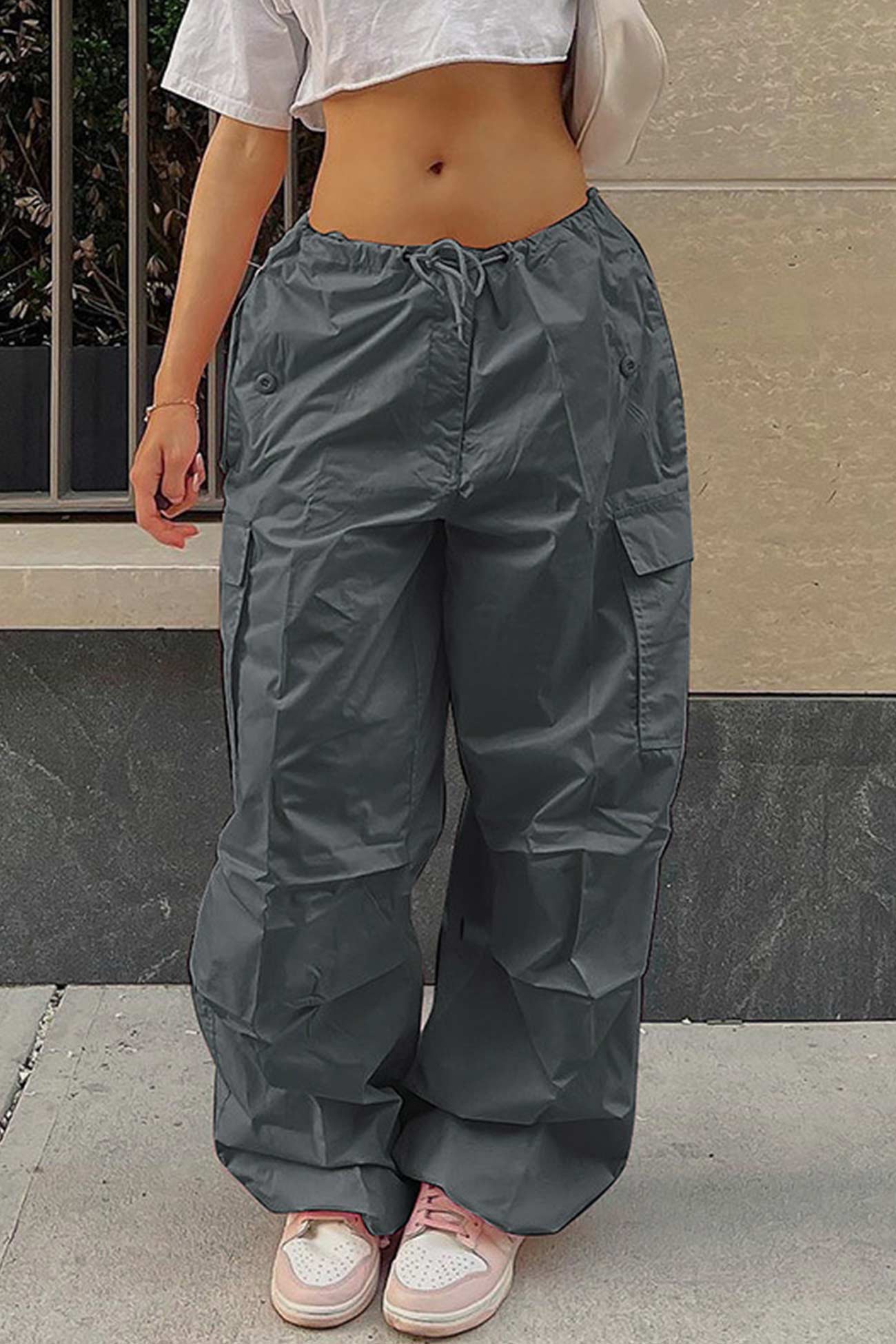 Solid Color High Waist Cargo Pants