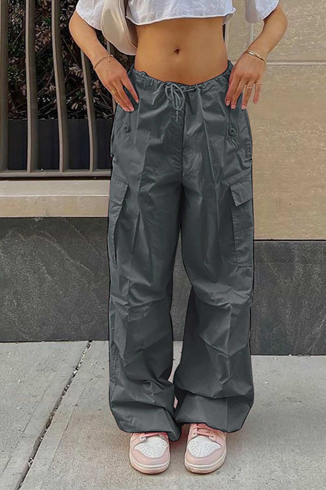 Solid Color High Waist Cargo Pants