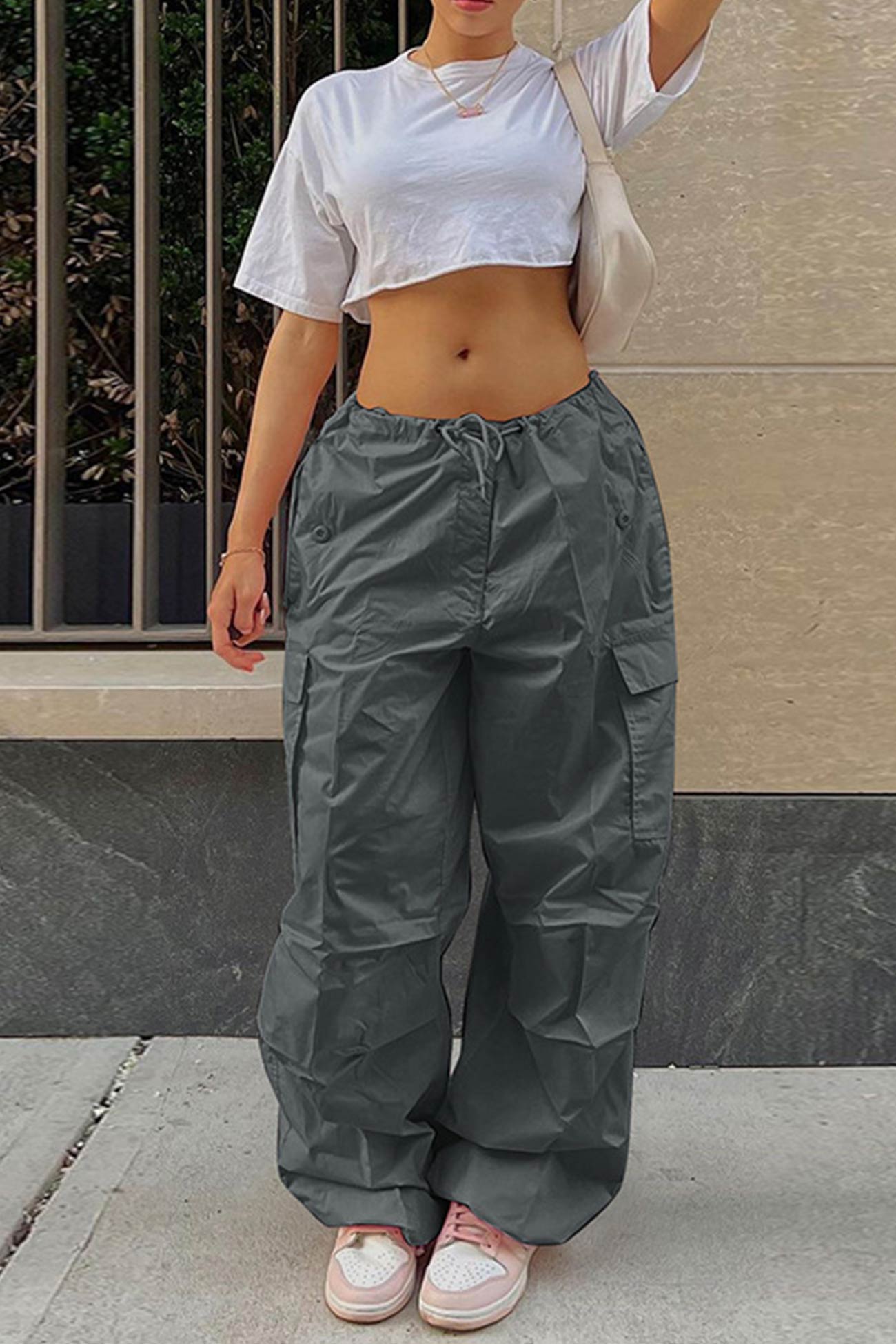 Solid Color High Waist Cargo Pants