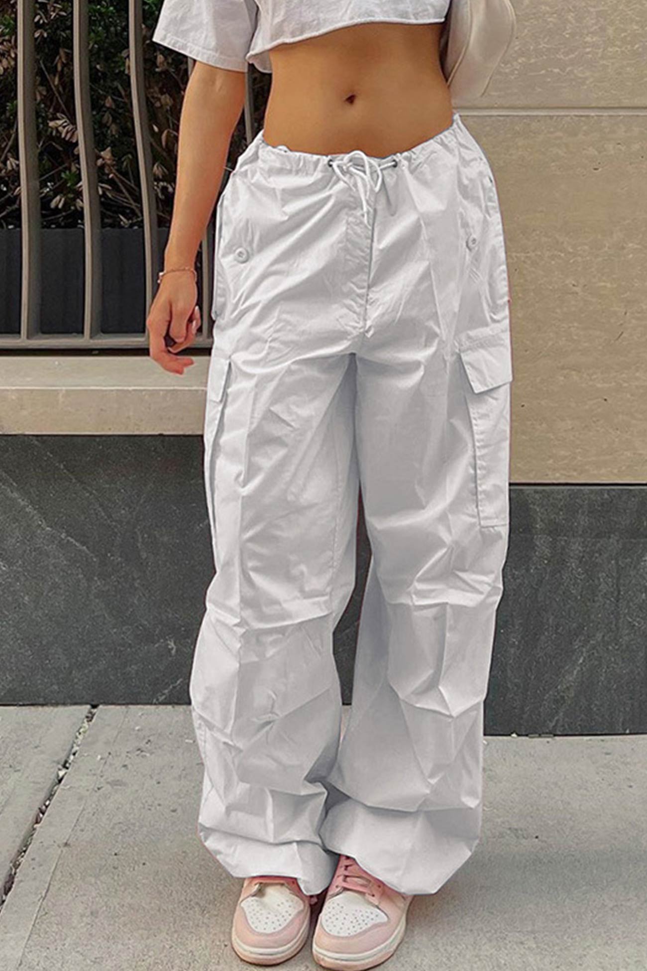 Solid Color High Waist Cargo Pants