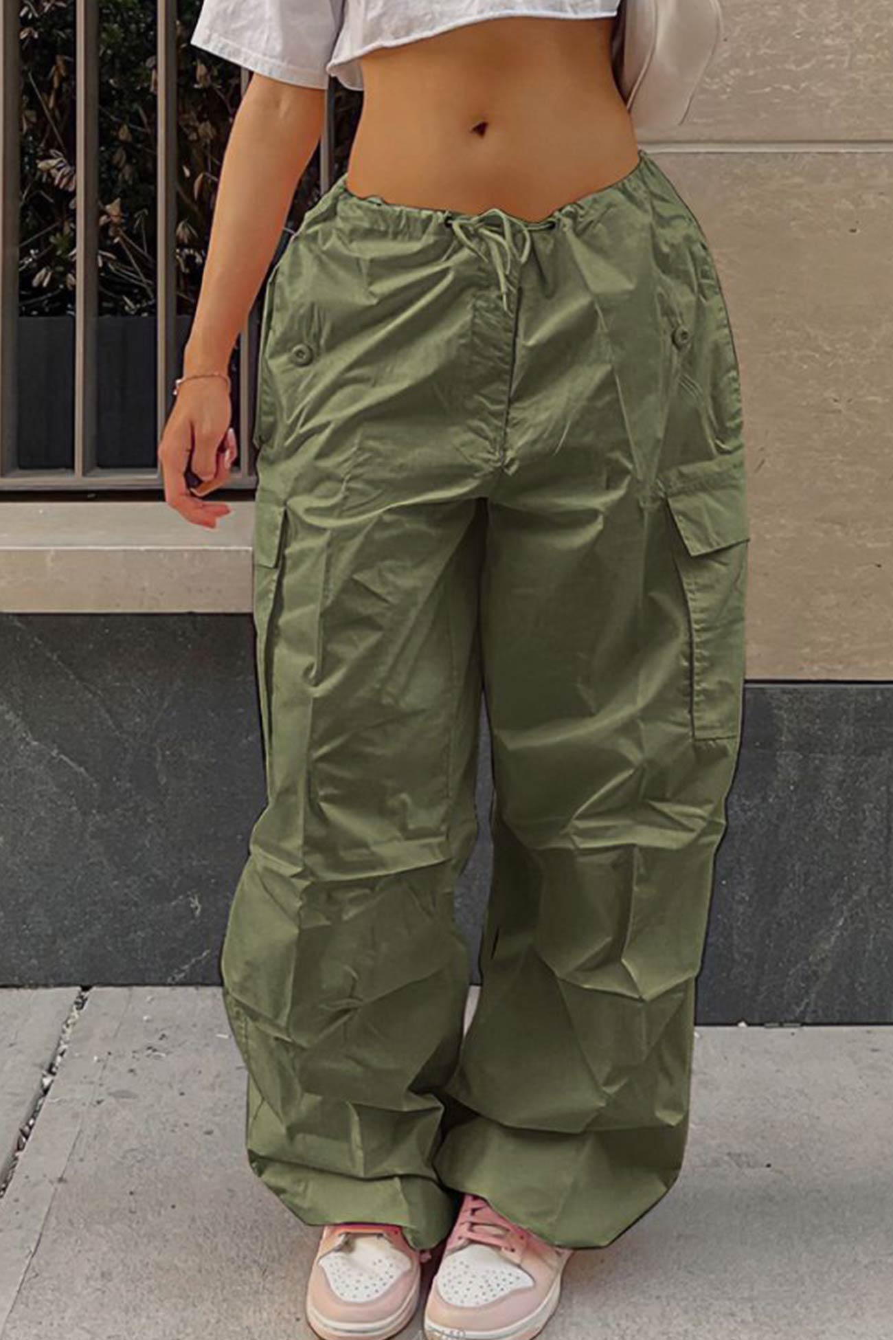 Solid Color High Waist Cargo Pants