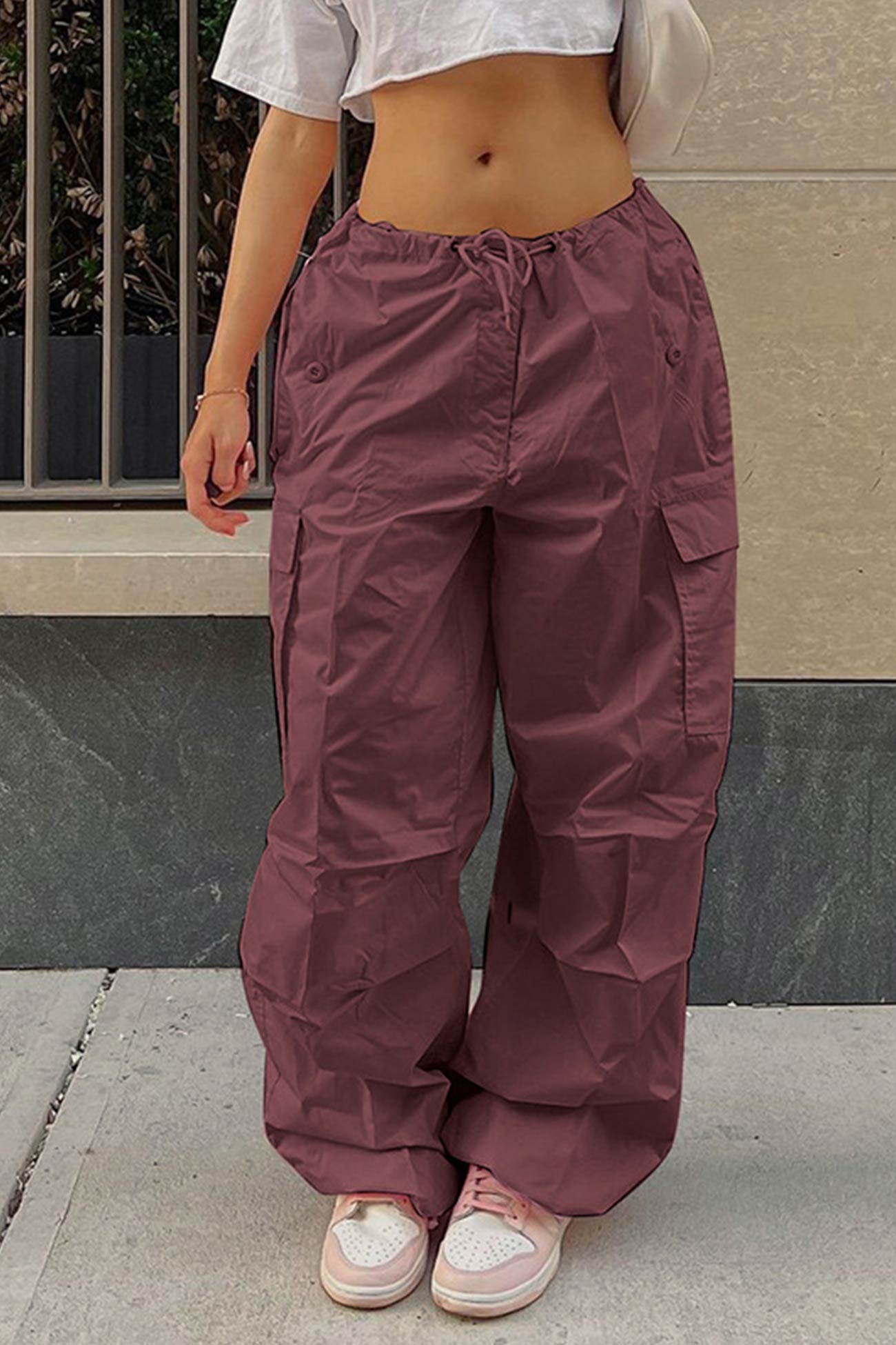 Solid Color High Waist Cargo Pants