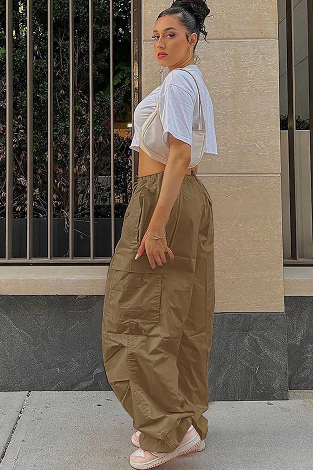 Solid Color High Waist Cargo Pants