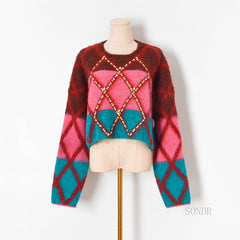 Sophia Lattice Embellished Cropped Sweater - 2 Colors