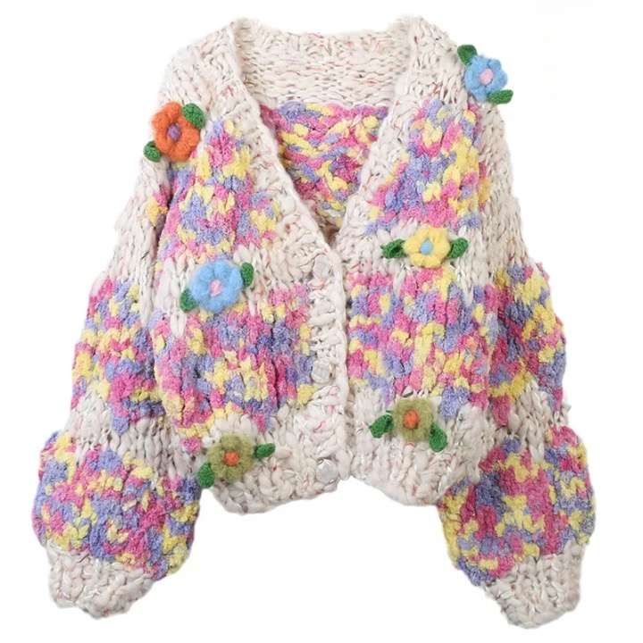 Sweet Floral Hand Crochet Chunky Cardigan