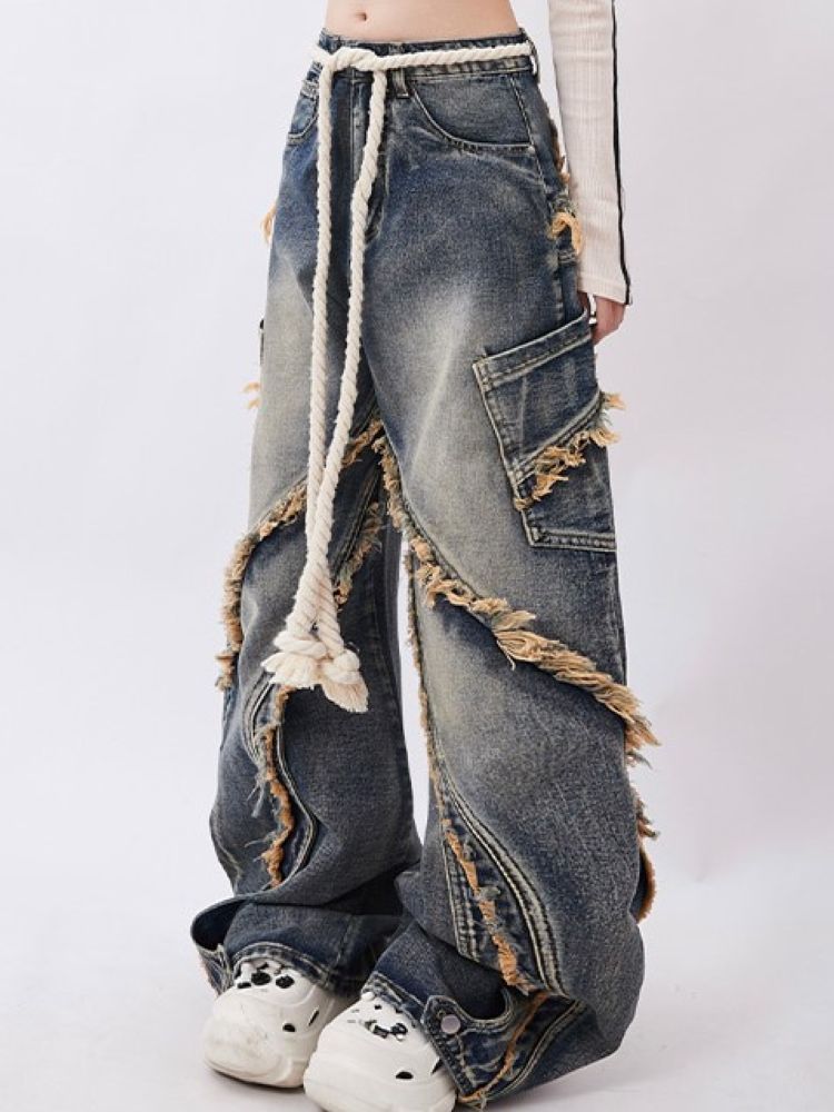 Raw Edge Design Patchwork Straight Washed Denim Pants